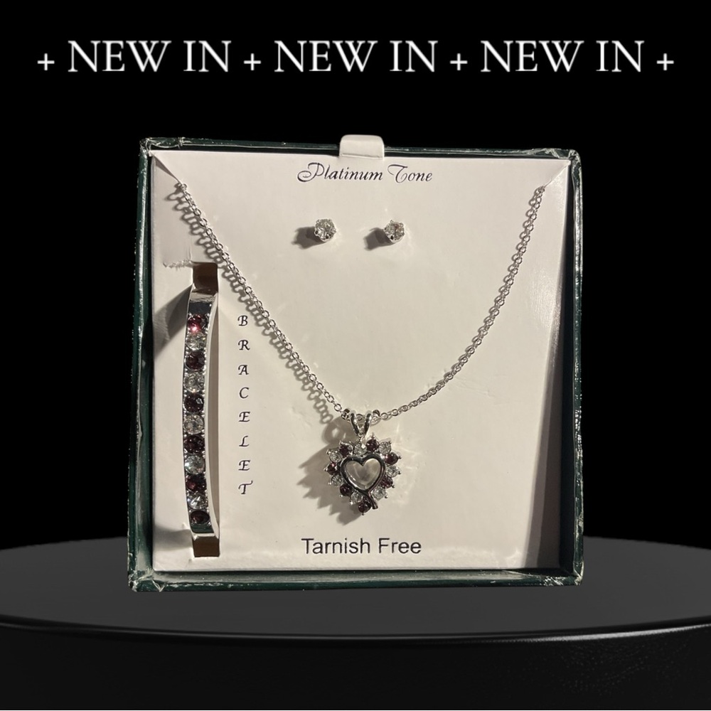 Platinum-Tone Heart Necklace, Bracelet & Stud Earrings Set (Tarnish Free)